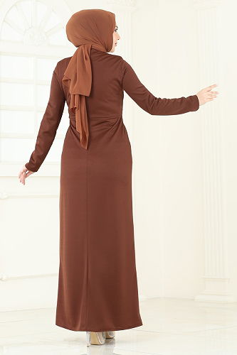 moda selvim Önü Drapeli Abiye Elbise 2792ASMK1074 Taba - Thumbnail