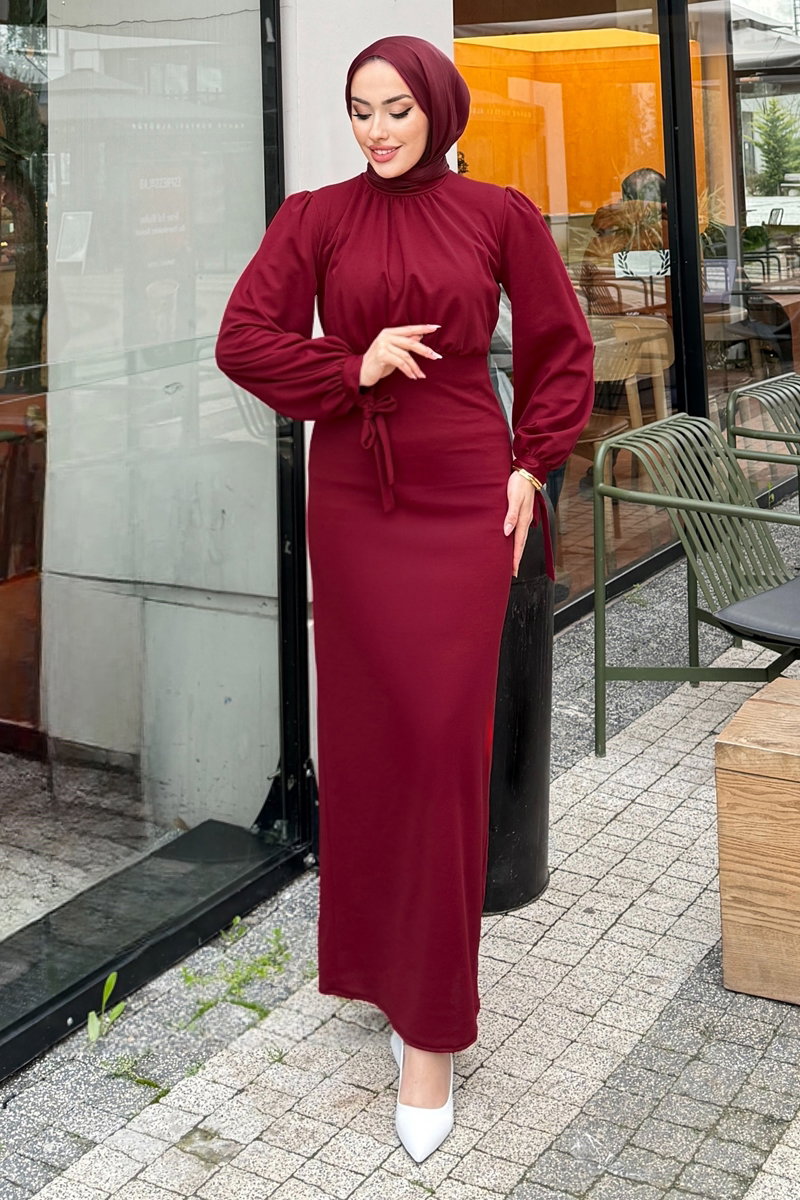 Önü Drapeli Krep Elbise 0437ALGK1170 Bordo