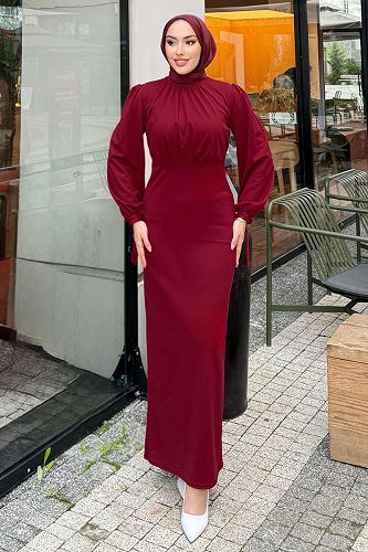 moda selvim Önü Drapeli Krep Elbise 0437ALGK1170 Bordo - Thumbnail