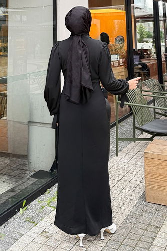 moda selvim Önü Drapeli Krep Elbise 0437ALGK1170 Siyah - Thumbnail