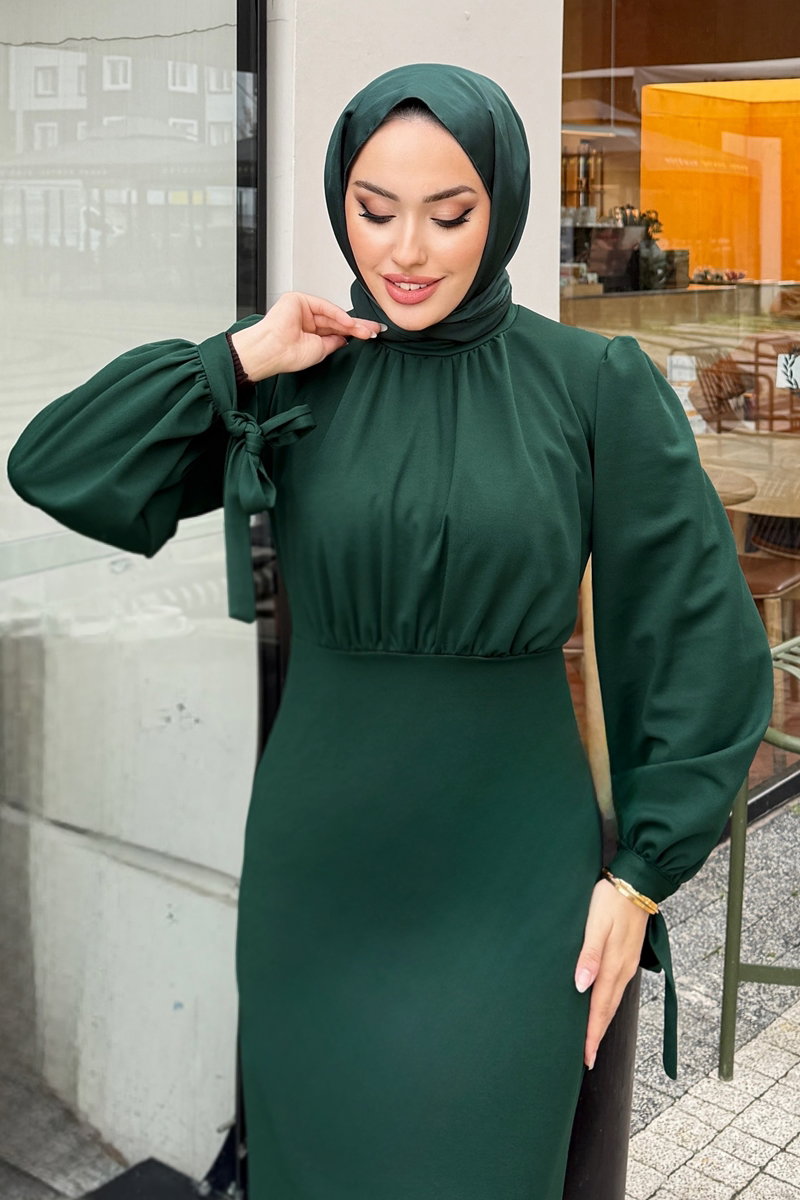Önü Drapeli Krep Elbise 0437ALGK1170 Zümrüt