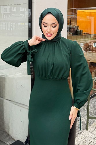 moda selvim Önü Drapeli Krep Elbise 0437ALGK1170 Zümrüt - Thumbnail