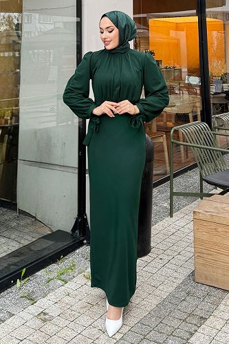 moda selvim Önü Drapeli Krep Elbise 0437ALGK1170 Zümrüt - Thumbnail