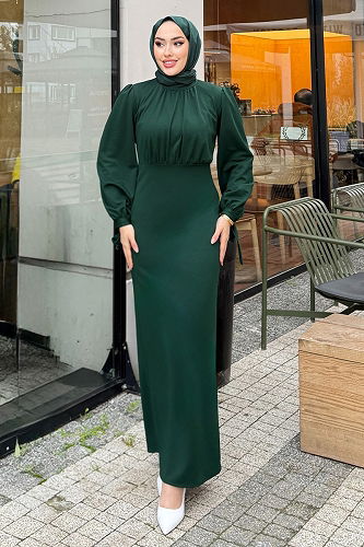 moda selvim Önü Drapeli Krep Elbise 0437ALGK1170 Zümrüt - Thumbnail