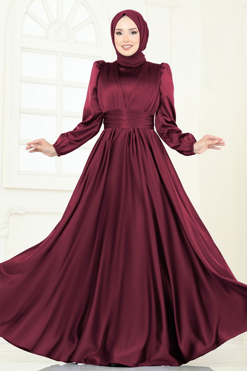 Önü Drapeli Saten Abiye 2382ANT466 Bordo