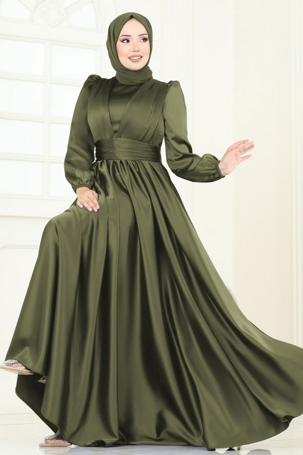 Modaselvim ABİYE Önü Drapeli Saten Abiye 2382ANT466 Haki