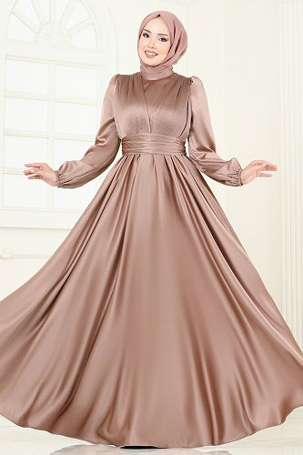 moda selvim Önü Drapeli Saten Abiye 2382ANT466 Pudra Vizyon - Thumbnail