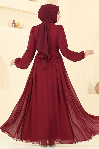 moda selvim Önü Drapeli Şifon Abiye 5694EDF311 Bordo - Thumbnail