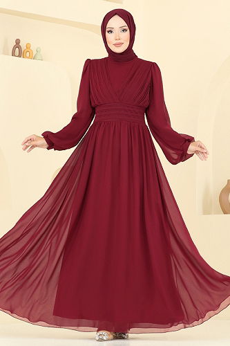 moda selvim Önü Drapeli Şifon Abiye 5694EDF311 Bordo - Thumbnail