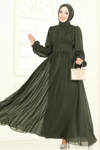 moda selvim Önü Drapeli Şifon Abiye 5694EDF311 Haki - Thumbnail