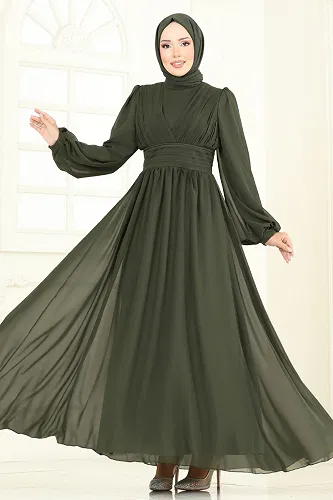 moda selvim Önü Drapeli Şifon Abiye 5694EDF311 Haki - Thumbnail