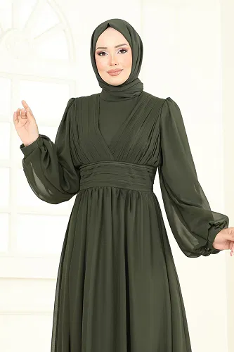 moda selvim Önü Drapeli Şifon Abiye 5694EDF311 Haki - Thumbnail