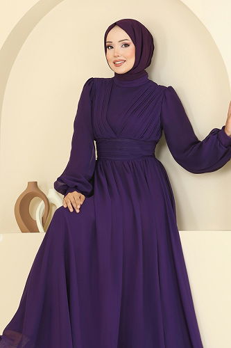 moda selvim Önü Drapeli Şifon Abiye 5694EDF311 Koyu Mor - Thumbnail