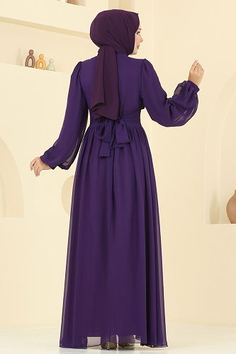 moda selvim Önü Drapeli Şifon Abiye 5694EDF311 Koyu Mor - Thumbnail