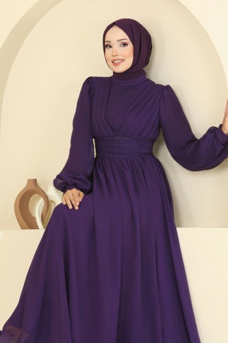 moda selvim Önü Drapeli Şifon Abiye 5694EDF311 Mor - Thumbnail