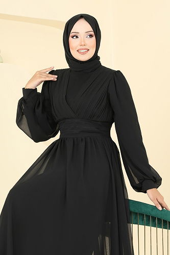 moda selvim Önü Drapeli Şifon Abiye 5694EDF311 Siyah - Thumbnail