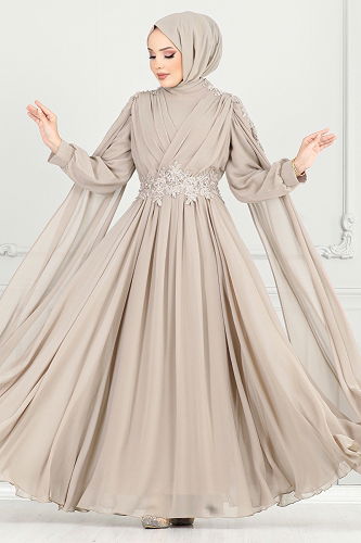 moda selvim Önü Drapeli Tesettür Abiye 4027YGS898-M Pudra Vizyon - Thumbnail