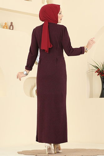 moda selvim Önü Düğmeli Balıksırtı Elbise 24008UKB139 Bordo - Thumbnail