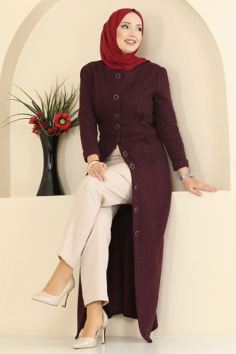 moda selvim Önü Düğmeli Balıksırtı Elbise 24008UKB139 Bordo - Thumbnail