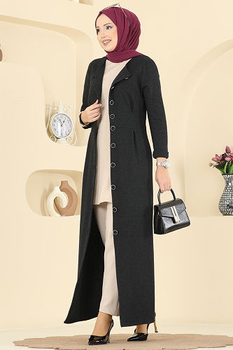 moda selvim Önü Düğmeli Balıksırtı Elbise 24008UKB139 Siyah - Thumbnail