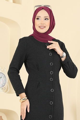 moda selvim Önü Düğmeli Balıksırtı Elbise 24008UKB139 Siyah - Thumbnail