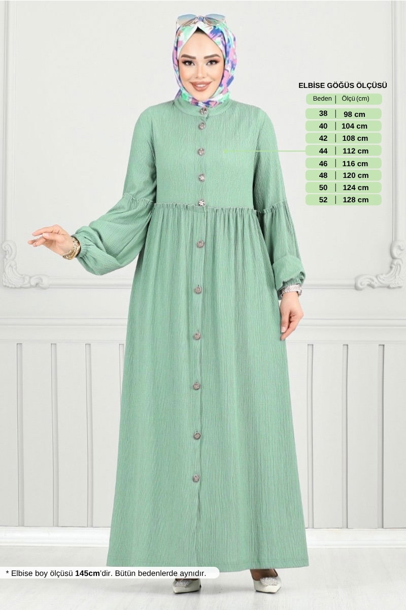 Önü Düğmeli Bürümcük Elbise 406DVL897-M Açık Mint