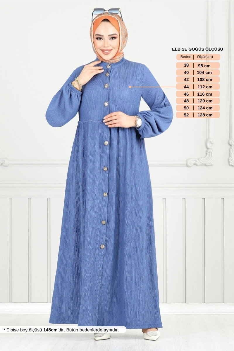 Önü Düğmeli Bürümcük Elbise 406DVL897-M İndigo