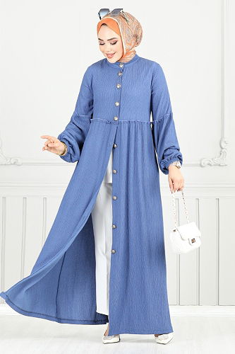 moda selvim Önü Düğmeli Bürümcük Elbise 406DVL897-M İndigo - Thumbnail