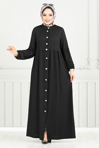 moda selvim Önü Düğmeli Bürümcük Elbise 406DVL897-M Siyah - Thumbnail