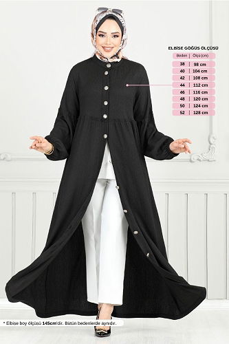 moda selvim Önü Düğmeli Bürümcük Elbise 406DVL897-M Siyah - Thumbnail