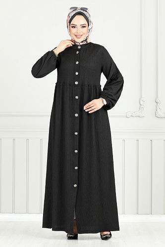 moda selvim Önü Düğmeli Bürümcük Elbise 406DVL897-M Siyah - Thumbnail