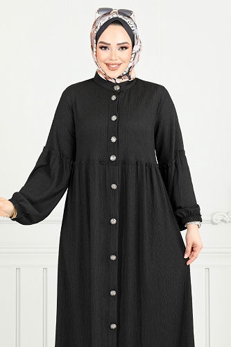 moda selvim Önü Düğmeli Bürümcük Elbise 406DVL897-M Siyah - Thumbnail