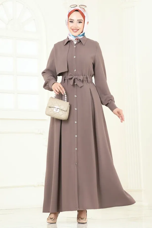 Modaselvim SEPETTE NET %20+%20 İNDİRİM Önü Düğmeli Elbise Ferace 283ASN888 Koyu Vizyon