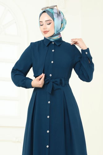 moda selvim Önü Düğmeli Elbise Ferace 283ASN888 Petrol - Thumbnail