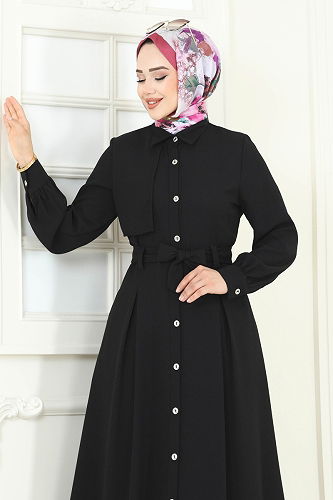 moda selvim Önü Düğmeli Elbise Ferace 283ASN888 Siyah - Thumbnail