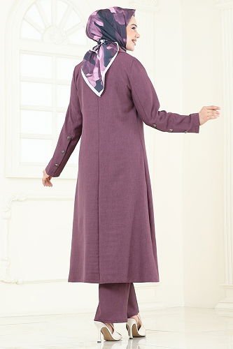 moda selvim Önü Düğmeli Sofia Takım 2690SL432 Koyu Lila - Thumbnail