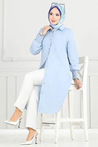 moda selvim Önü Düğmeli Tesettür Tunik 282ASN936-M Bebe Mavisi - Thumbnail