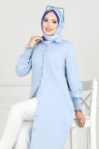moda selvim Önü Düğmeli Tesettür Tunik 282ASN936-M Bebe Mavisi - Thumbnail