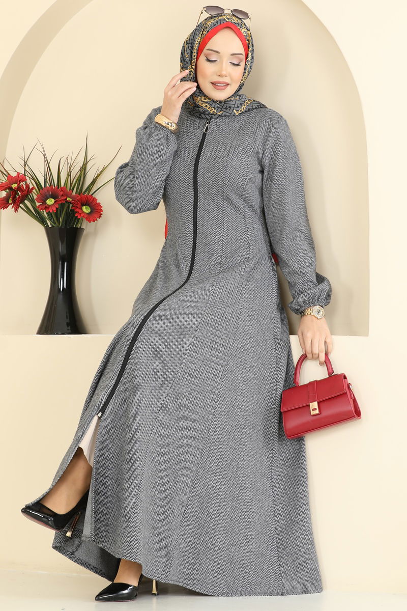 Önü Fermuarlı Balıksırtı Ferace 24091UKBK1161 Gri