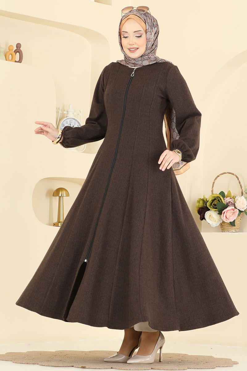 Önü Fermuarlı Balıksırtı Ferace 24091UKBK1161 Kahve