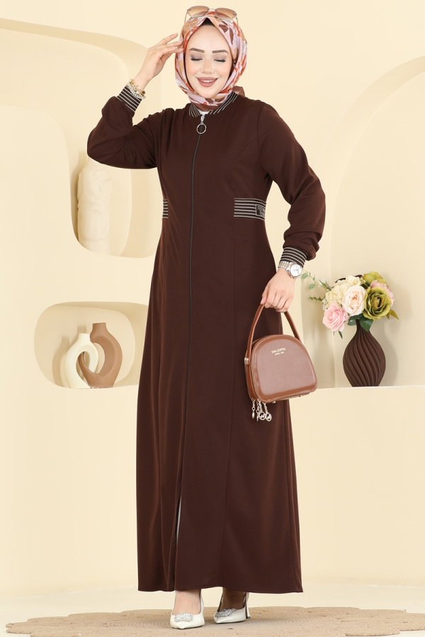 Modaselvim Ferace Önü Fermuarlı Ribanalı Ferace 2854SL432 Kahve