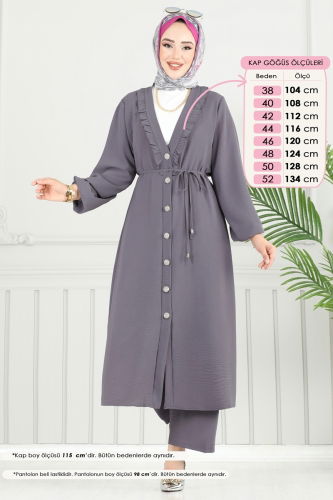 moda selvim Önü Fırfır Detay Tesettür Takım 023MR1078 Antrasit - Thumbnail