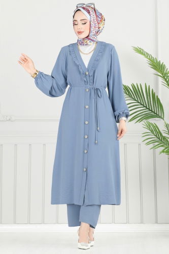 moda selvim Önü Fırfır Detay Tesettür Takım 023MR1078 Bebe Mavisi - Thumbnail