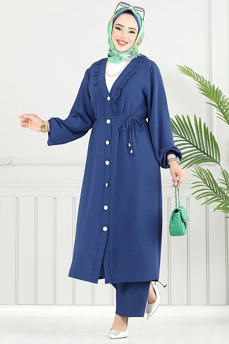 moda selvim Önü Fırfır Detay Tesettür Takım 023MR1078 İndigo - Thumbnail