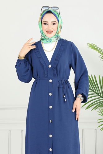 moda selvim Önü Fırfır Detay Tesettür Takım 023MR1078 İndigo - Thumbnail