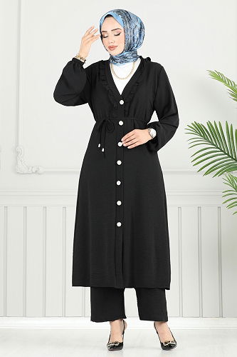 moda selvim Önü Fırfır Detay Tesettür Takım 023MR1078 Siyah - Thumbnail