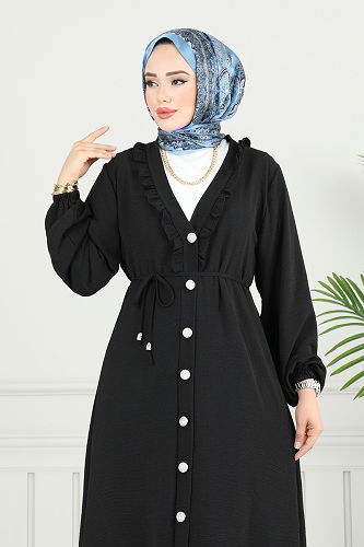 moda selvim Önü Fırfır Detay Tesettür Takım 023MR1078 Siyah - Thumbnail