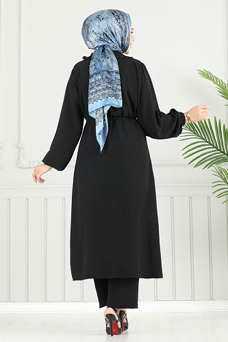 moda selvim Önü Fırfır Detay Tesettür Takım 023MR1078 Siyah - Thumbnail
