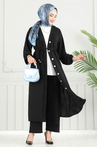 moda selvim Önü Fırfır Detay Tesettür Takım 023MR1078 Siyah - Thumbnail