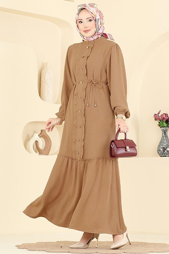 moda selvim Önü Fırfır Detaylı Elbise PL9225 Latte - Thumbnail